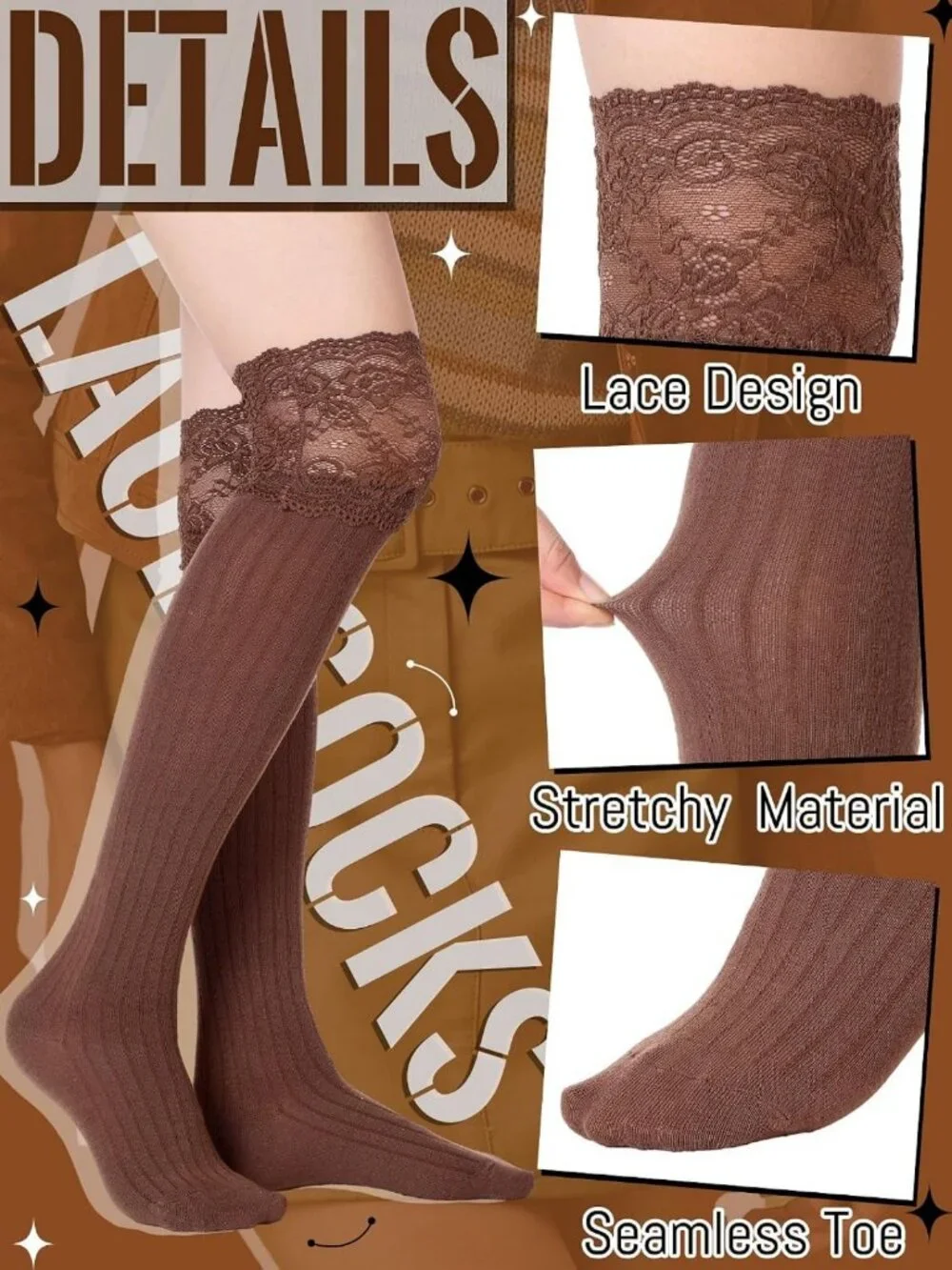 Knee High Lace Socks - 4 Pairs Women's Kawaii Long Stockings for Boots & Fashion